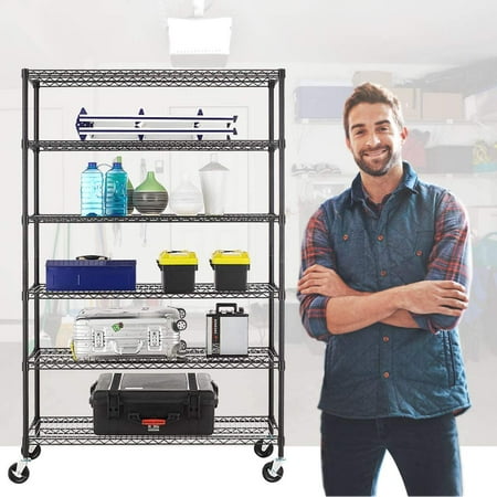 48x18x82, Black HGS Wire Shelving Unit 6-Tier Height Adjustable Heavy Duty Metal Shelf with Wheels Utility Steel Commercial Grade Storage Shelves for Kitchen Garage Office NSF-Certified